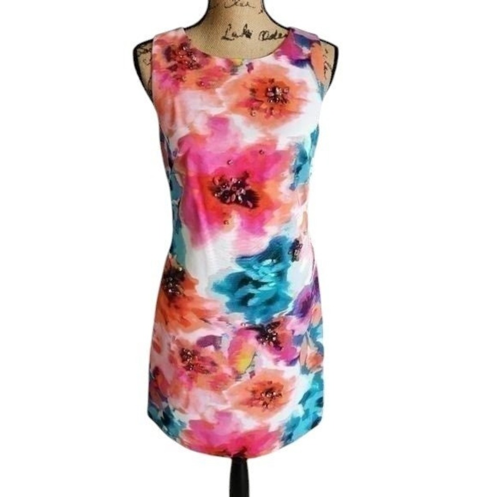 Eliza J. Watercolor Floral Dress Sleeveless Party Cocktail Embellished Pink Blue